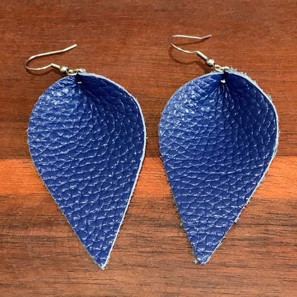 Jewelry - Boho Blue Leather Leaf Earrings